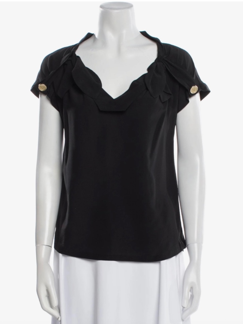GUCCI Black Silk-Blend Ruffled V-Neck Cap Sleeve Blouse Gold Crest sz 6 (EU 42)